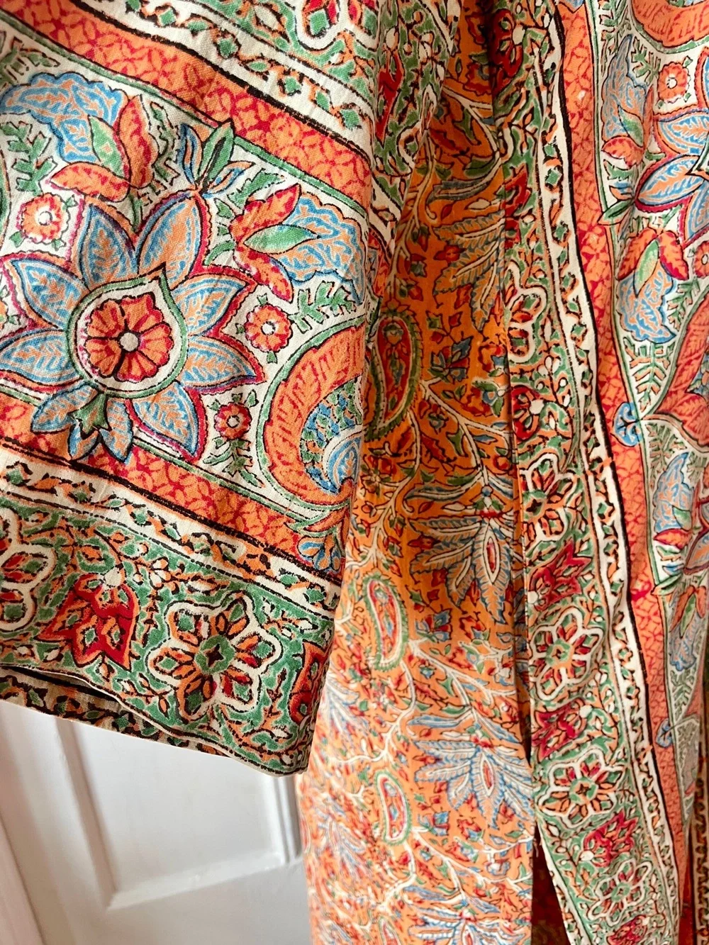Vintage Maxi Caftan Robe Cotton Paisley Block Print 1970s Boho Hippie Kaftan - Picture 7 of 12